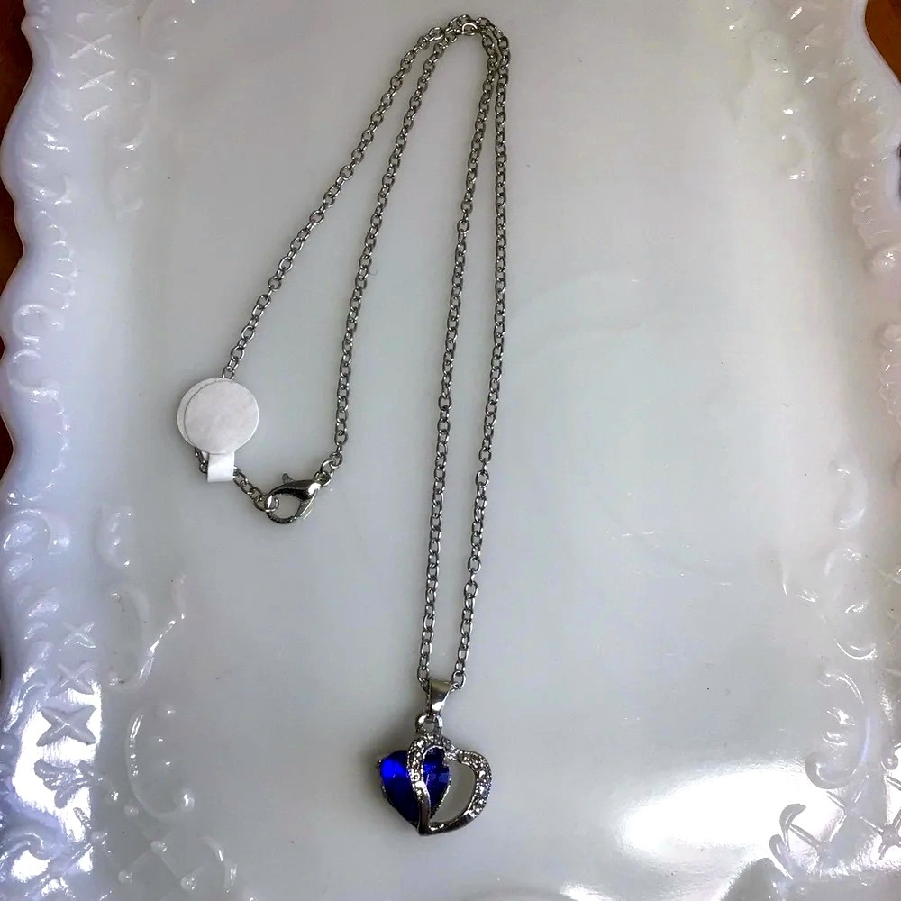 Blue Crystal Heart and Cubic Zirconia Silver Plate Necklace - 18” - Picture 3 of 4